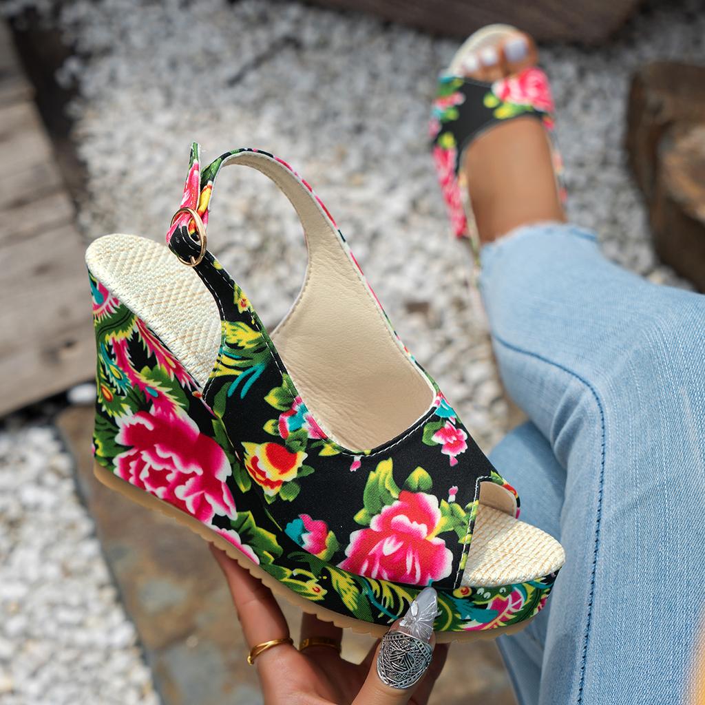 Fashion Summer Beach Boho Floral Wedge Sandals Women Ankle Platform Shoes Woman High Heels Sandalias Platform Heels Zapatos De Mujer