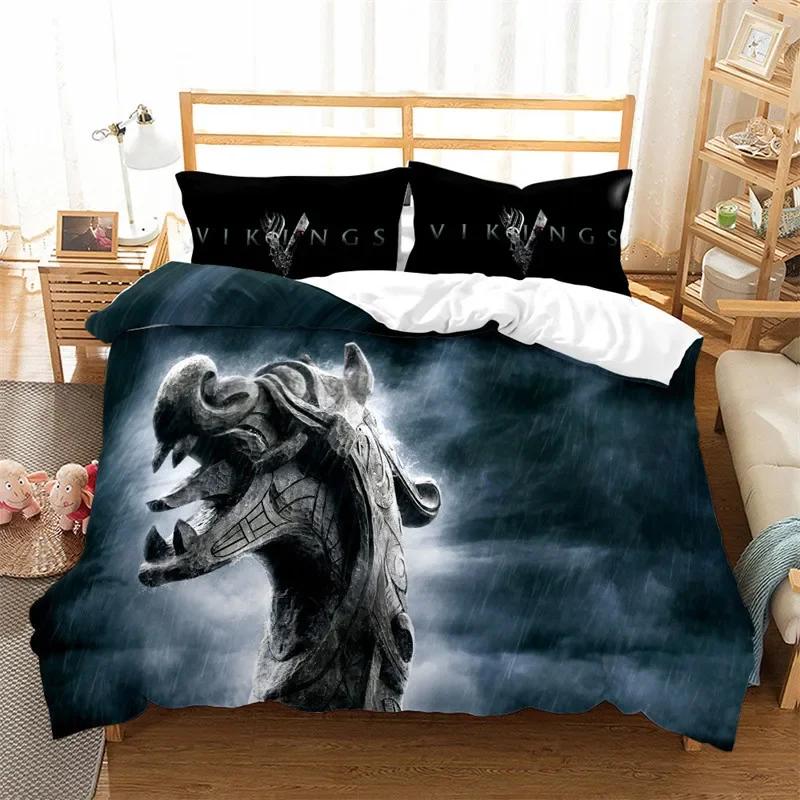 Viking Duvet Cover Set King/Queen Size Slate Blue Mjolnir Pattern Bedding Set Northern Germanic Culture Polyester Quilt Cover