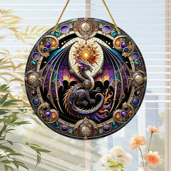 Window Hanging Pendant with Lanyard Realistic Dragon Printing Round Shape Sun Catcher Home Office Garden Decoration Panel Pendant