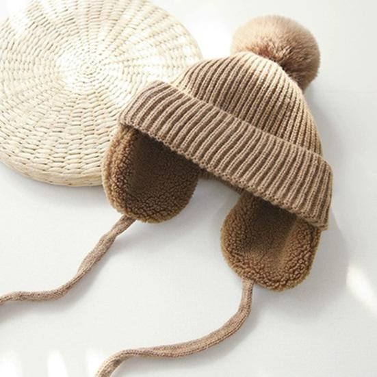 Yousheng Children Hat Thickened Wool Knit Hat with Pom-Pom Ball Decor Extended Ear Flaps Design Fleece Lining Warm Winter Hat