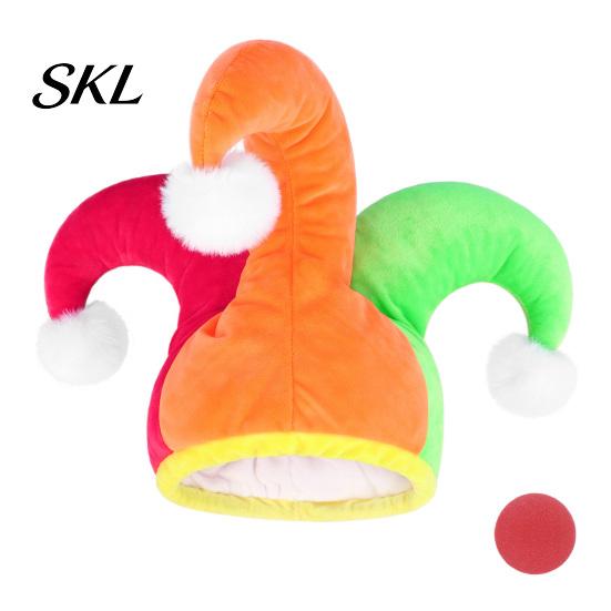 Adult And Child Party Costume Flannel Clown Hat with Red Nose for Halloween & Party, Plush Soft Breathable Circus Three Color Blocked Headwear