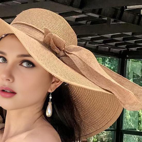 Women Straw Hat Wide Brim Breathable Lightweight Sun Protection Hat with Lace-up Bowknot Decor Sun Hat