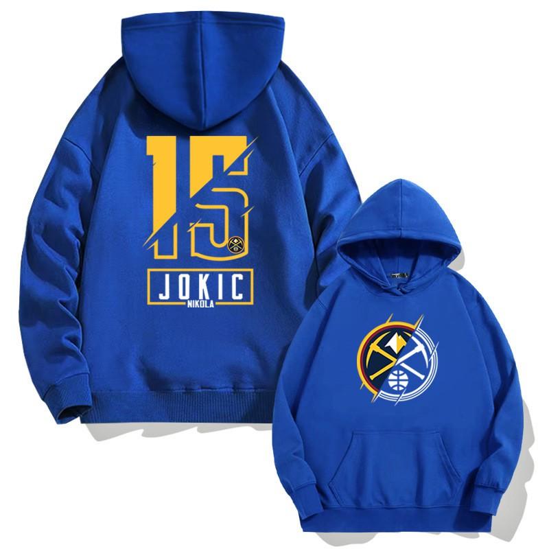 Мужская свободная толстовка с капюшоном с принтом NBA Denver Nuggets 15 Jokic - Хлопок, длинный рукав, спортивный пуловер, осень