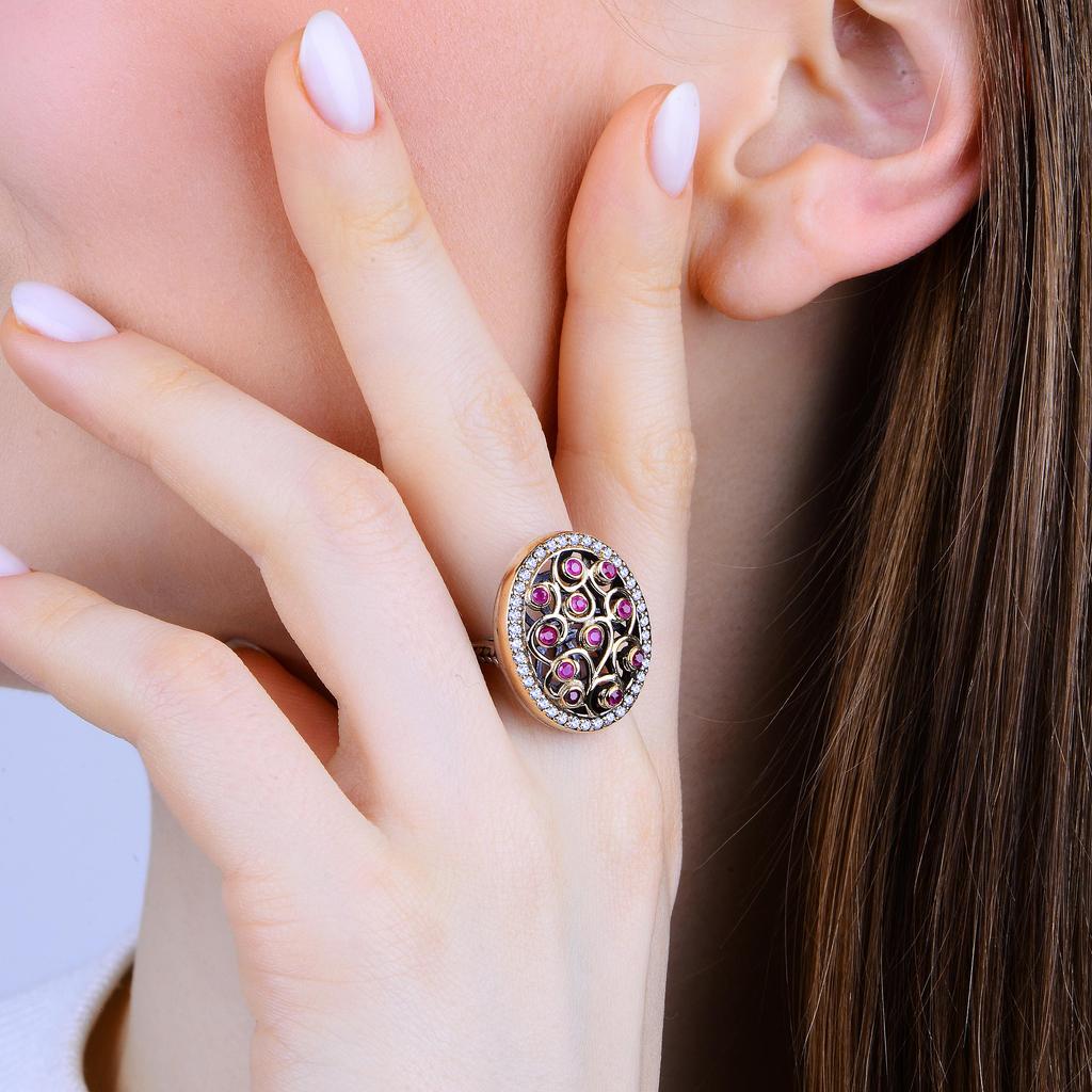 Изысканный комплект рубиновых украшений в османском стиле, серебряный комплект в винтажном стиле, рубиновое ожерелье, кольцо и серьги, ювелирные украшения ручной работы