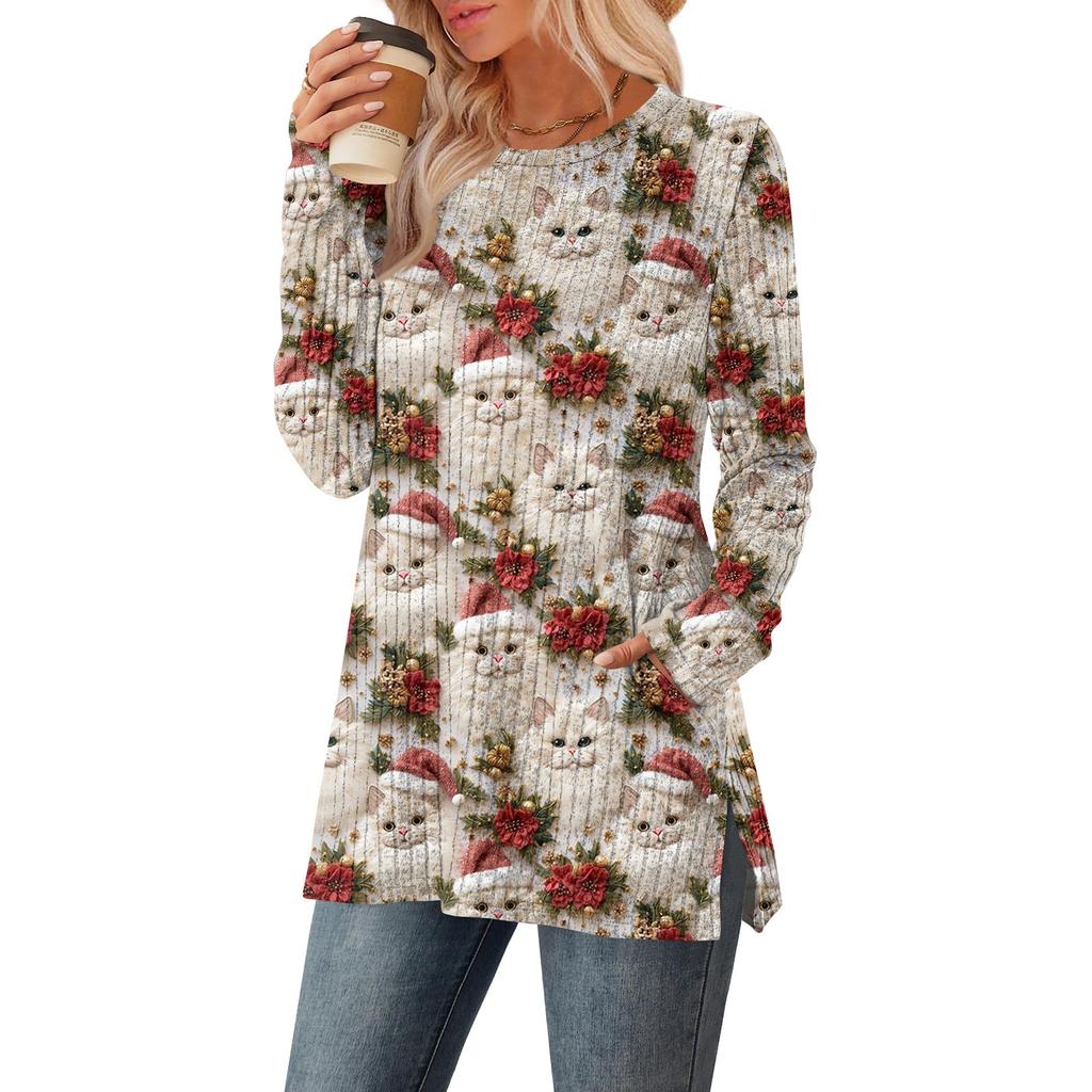 Women's Christmas Printed Round-neck Long-sleeved Top With Pockets And Side Slits