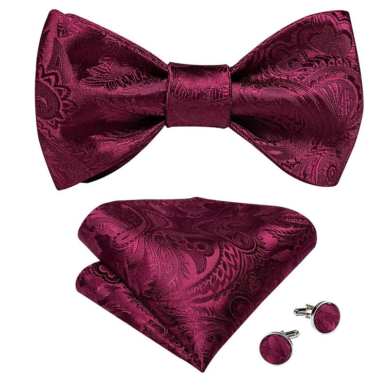 Classic Red Paisley Pattern Woven Self-tied Bow Tie Pocket Square & Cufflinks Boutonniere Gift Set for Men