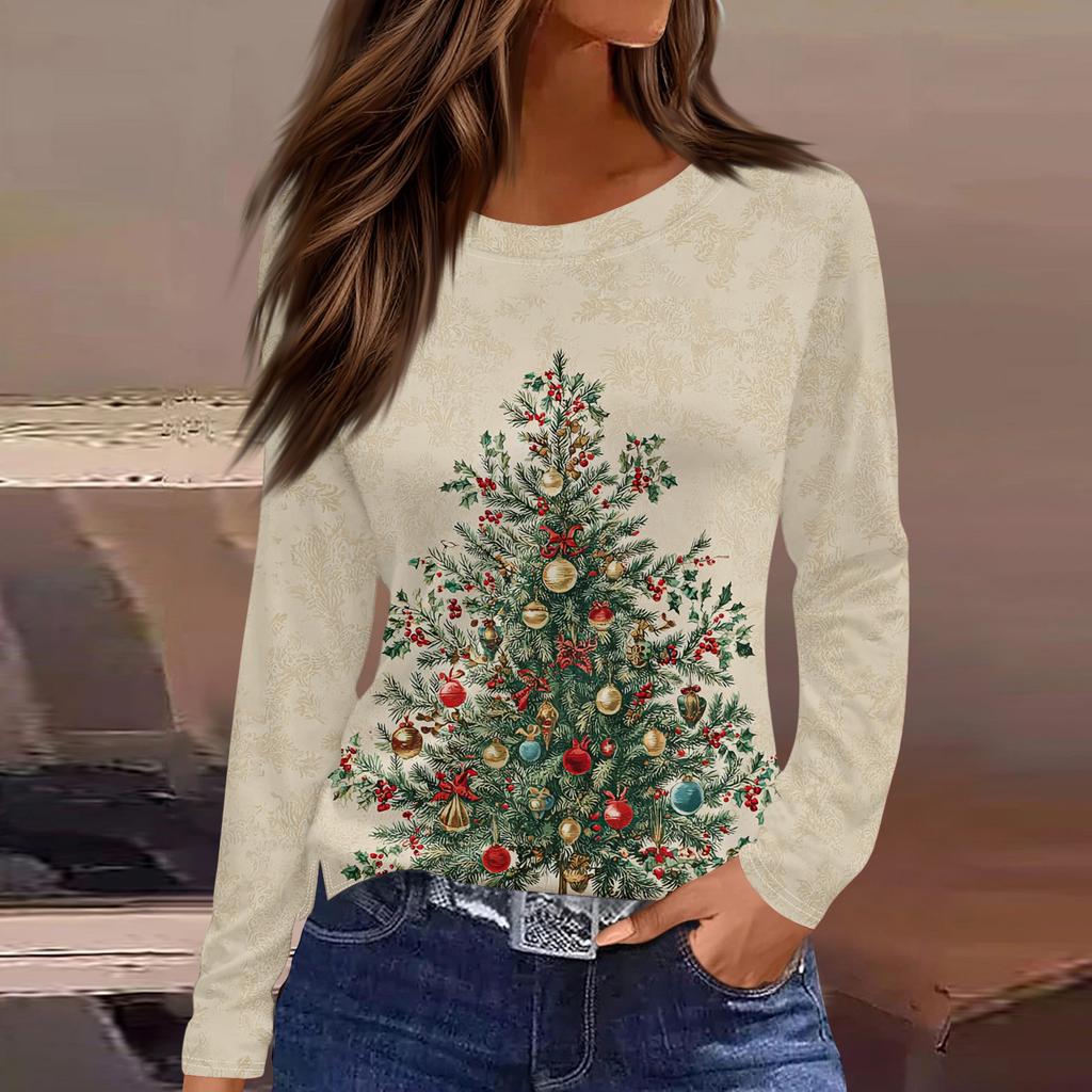 Women's Fashion Casual Slit Hem Round Neck Long Sleeve Loose Christmas Printed T-Shirt Ladies Top