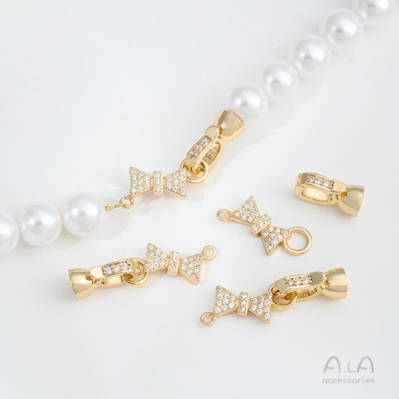 Замок-бант из позолоченного золота 14 карат с цирконом и жемчугом для самостоятельного изготовления ювелирных изделий, соединитель для ожерелья и браслета