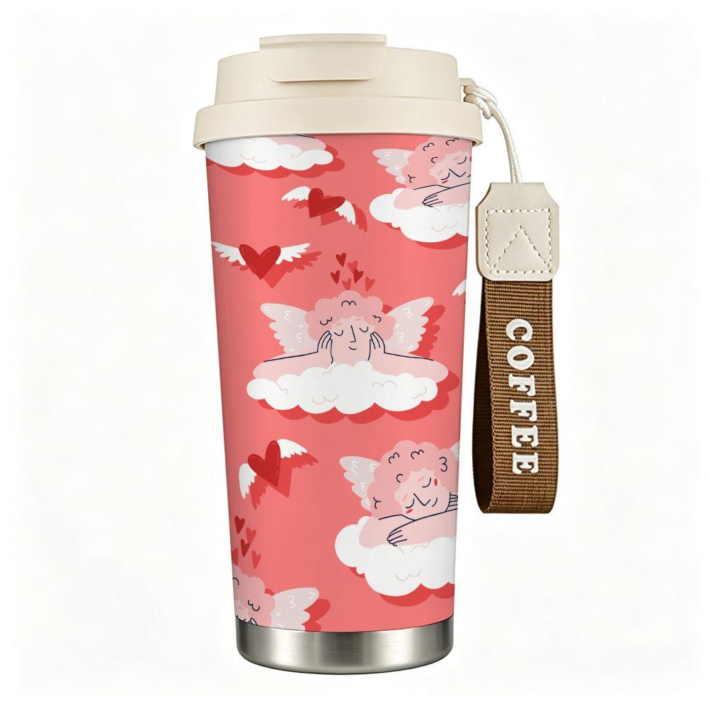 Pink Cupid Angel Heart Print Travel Insulated Coffee Tumbler Double Walled Vacuum Thermal Cup Leakproof Reusable Mug for Daily Commute Gift