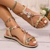 Fashion 2025 Summer New Women's Elastic Strap Sandals Woven Color Block Beaded Floral Design  Casual Beach Wear Sandals