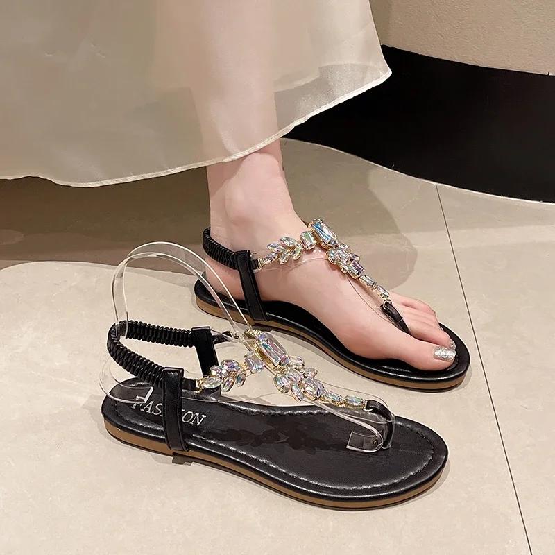 Fashion Women Flip-flops Sandals for Women 2024 Luxury Rhinestone Flat Shoes Ladies Designer Beach Shoes Light Roman Sandalias