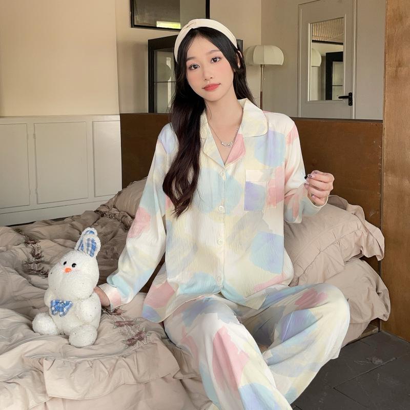 Пижамный комплект из хлопка «Облако» для женщин: Кардиган свободного кроя с длинным рукавом и милыми лацканами в студенческом стиле на весну и осень