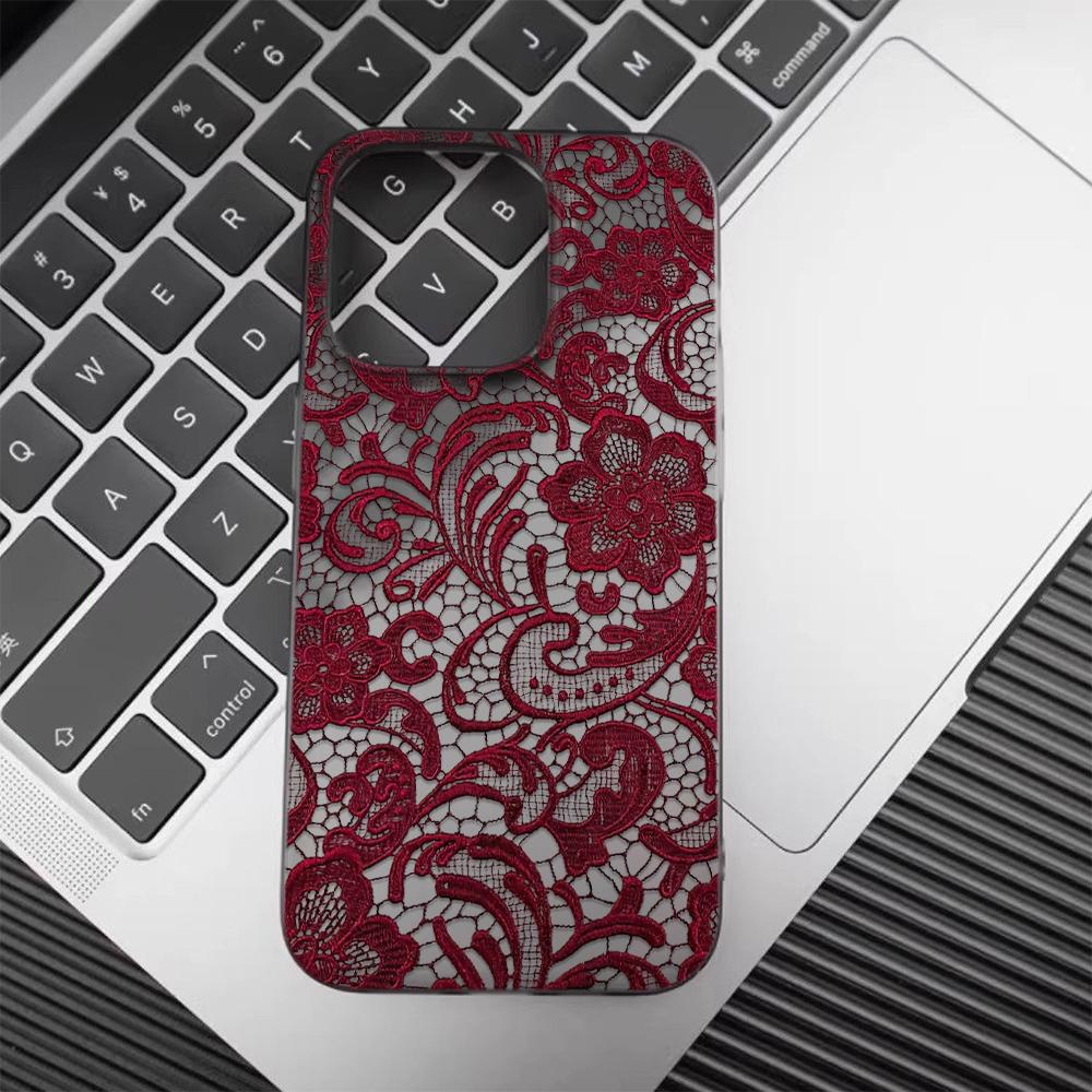 Бордовый кружевной чехол для телефона для iPhone 17/16/15/14 Plus/13/12/11 Pro Max Прозрачный ТПУ чехол Элегантный цветочный узор Защитный чехол