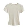 Лето Новый Женский Американский Spice Girl Однотонная Футболка с Круглым Вырезом и Коротким Рукавом Базовый Нижний Топ в рубчик