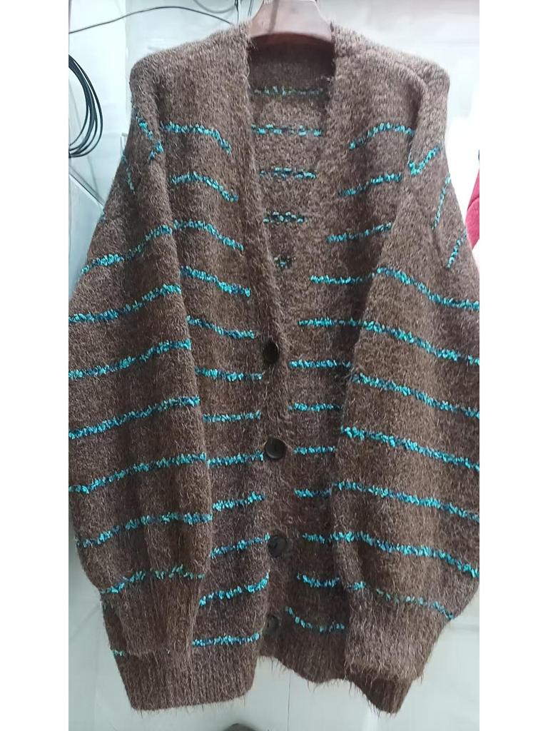 Вязаный кардиган в ретро-стиле, свободного кроя в полоску, осень-зима 2025 - Женский свитер-пальто в ленивом стиле