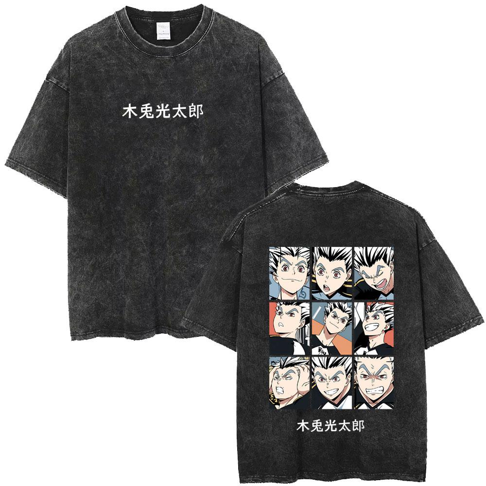 Washed Vintage Anime Haikyuu Bokuto Kotaro Double Sided Print T-shirt Casual Oversized T Shirts Cotton T-shirts Unisex