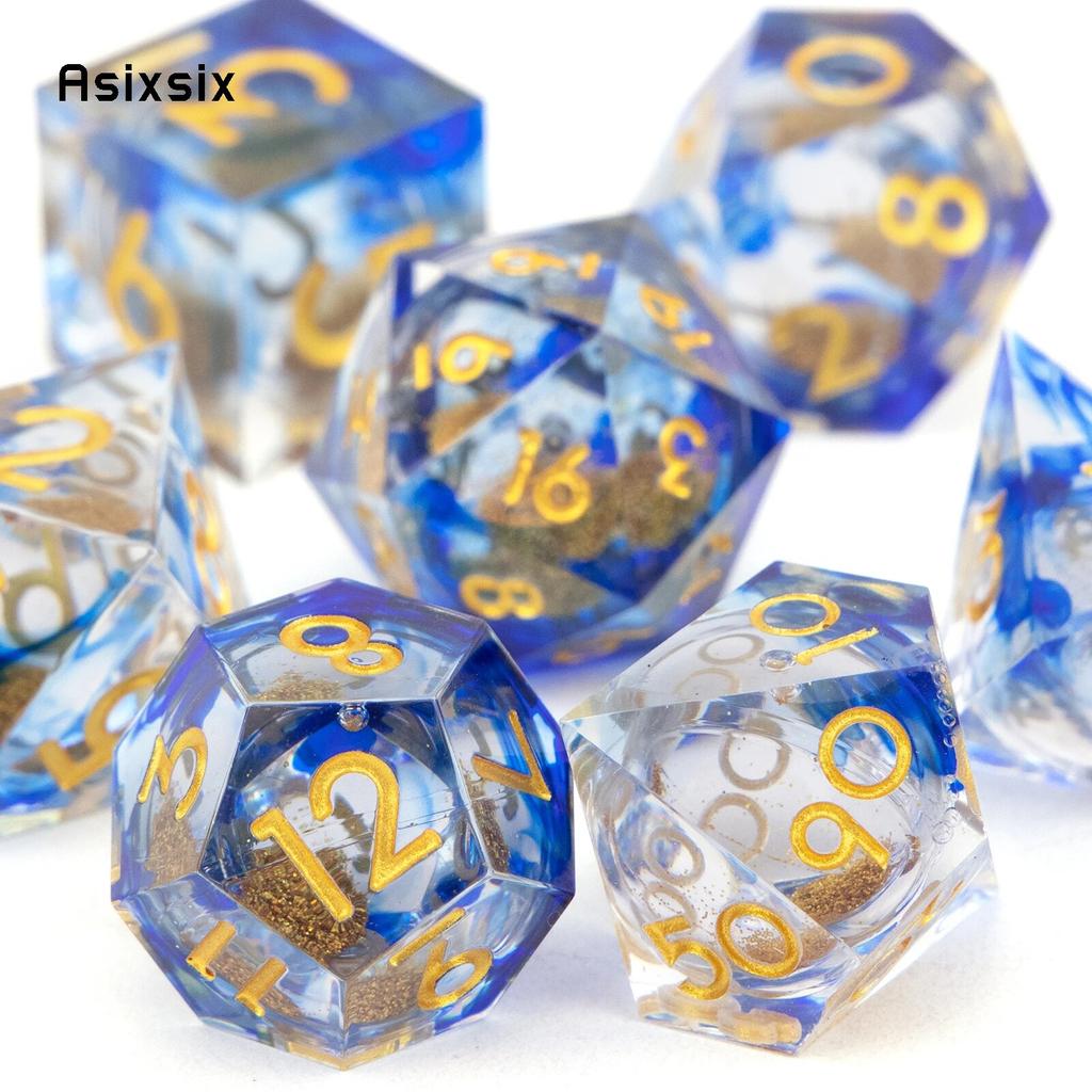 7 Pcs Blue Flowing Sand Golden Number Sharp Edge Resin Dice Polyhedral Dice Suitable for Role-Playing RPG Board Game