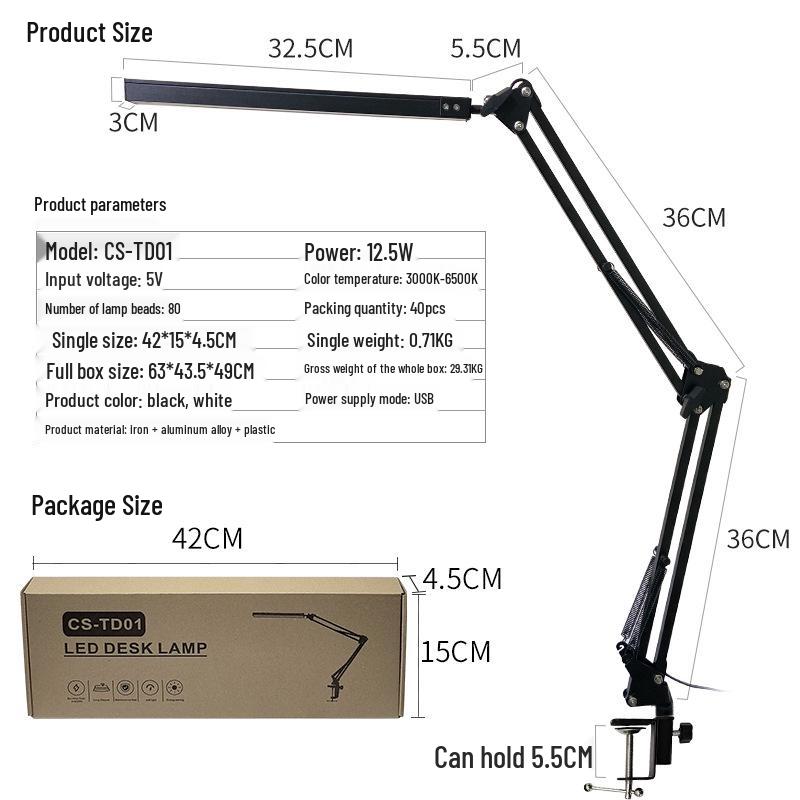 LED Eye-Care Desk Lamp with USB, Student Dormitory Creative Bedside Reading Light, Long Arm Folding Clip Design