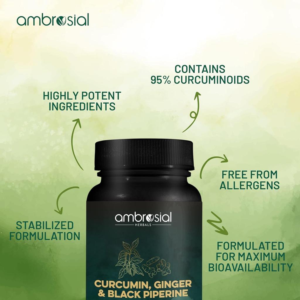Капсулы Ambrosial Curcumin с куркумой и черным перцем и имбирем | Капсулы с куркумой высокой концентрации с улучшенной абсорбцией (Упаковка 1-60 капсул)