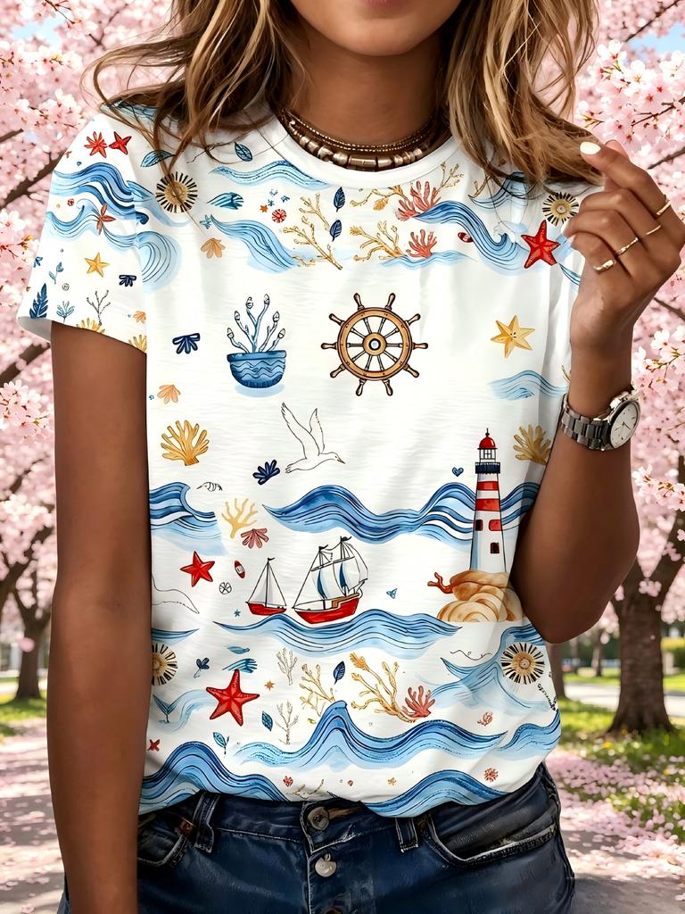 2026Women's new summer fashion with nautical elements and marine life pattern print, casual loose round neckTShirt