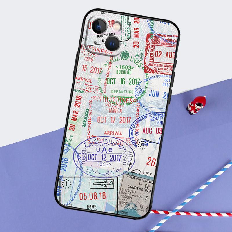 Retro Post Card Passport Stamps Phone Case For iPhone 16 Pro 15 Pro 11 12 13 14 Pro Max Mini XR 16e 15 16 Plus Cover Shell