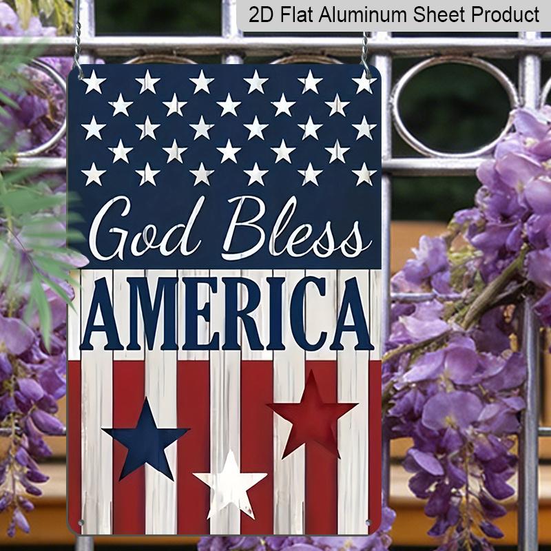 2D Flat Decorative 8×12 Inch Aluminum Plaque Metal Sign | God Bless America Patriotic Star & Stripes Design; Ideal for Patriotic Home & Outdoor Wall