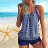 Women's Shoulder Strap Swimsuit with Deep Blue Striped Print Bikini Short Tank Top Swimsuit