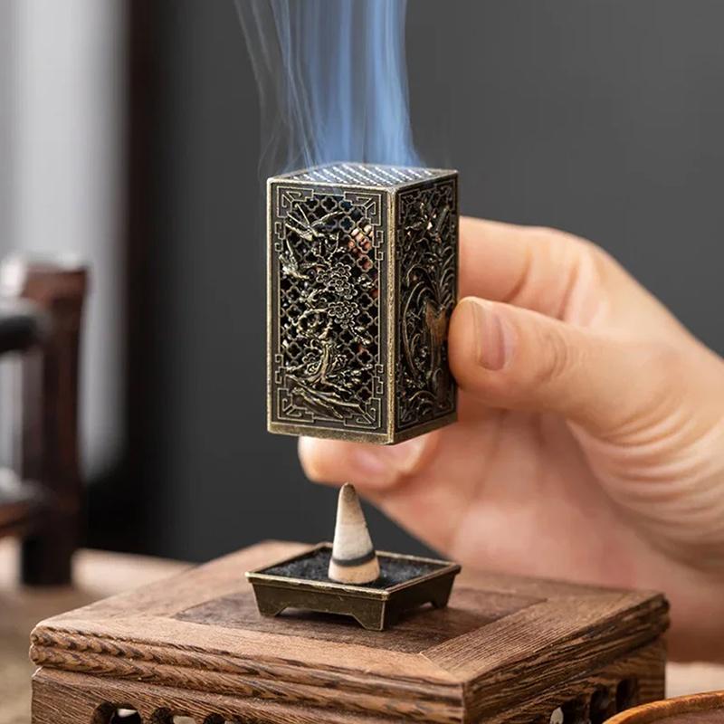 Square Vertical Incense Burner Small Alloy Incense Holder Indoor Aromatherapy Home Ornament Chinese Incense Burners