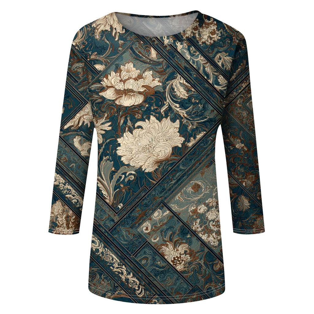 Trendy Vintage 3/4 Sleeve Top For Women ,Ladies Casual Three Quarter Sleeve Round Collar Printed T-Shirt Blouse