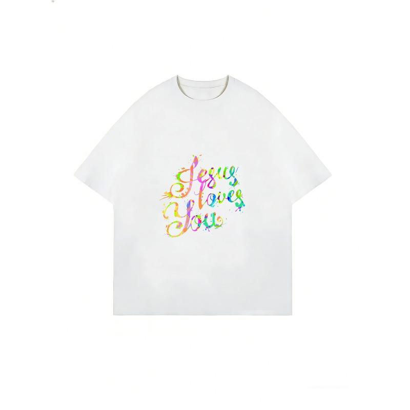 Белая футболка Иисус любит тебя Радужный текст Христианская вера Заявление Повседневная одежда для женщин Летние наряды Одежда для церкви Вдохновленная Евангелием Мода