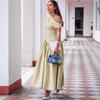 Elegant Off Shoulder Dress For Women Spring Summer Short Sleeve Fold Long Dresses Female 2025 Fashion Solid Color Holiday Lady Dresses