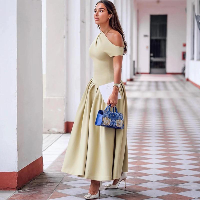 Elegant Off Shoulder Dress For Women Spring Summer Short Sleeve Fold Long Dresses Female 2025 Fashion Solid Color Holiday Lady Dresses