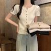 Korean Fashion Short Sleeved Cardigan Knitted Sweater Women Single-breasted V-neck Summer Tops Slim Fit Casual Office Elegant Coats Clothing