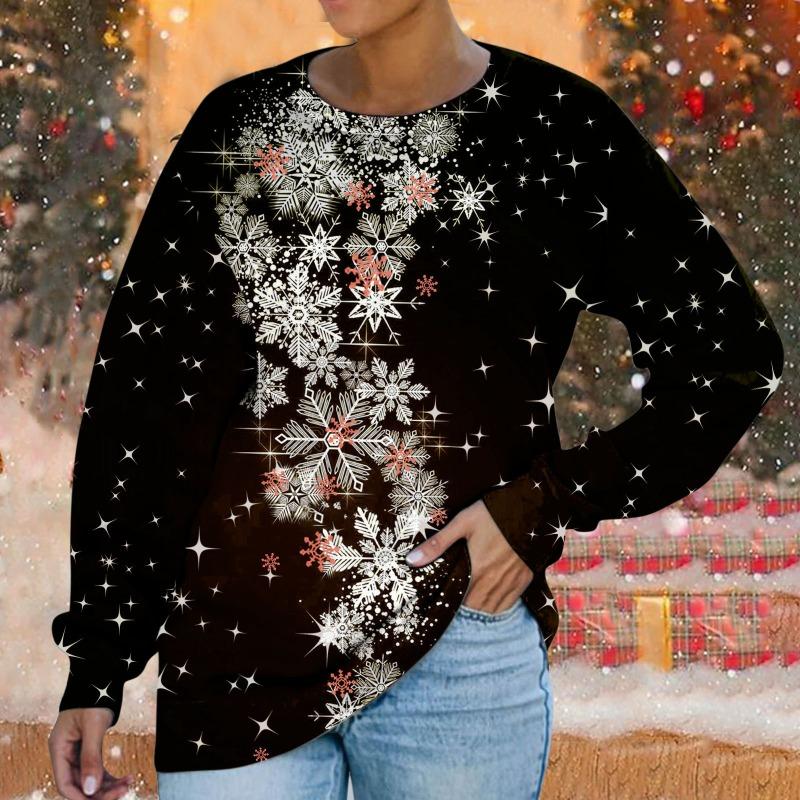 Толстовка с круглым вырезом Рождественская снежинка цифровой принт повседневная весна осень свободная женская толстовка Пуловеры и длинные рукава (Женский)