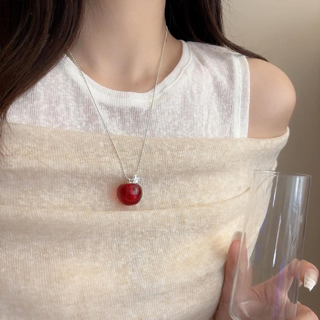Выдвижной кулон в виде красной вишни для женщин - элегантное длинное колье-чокер в виде цепочки для свитера.