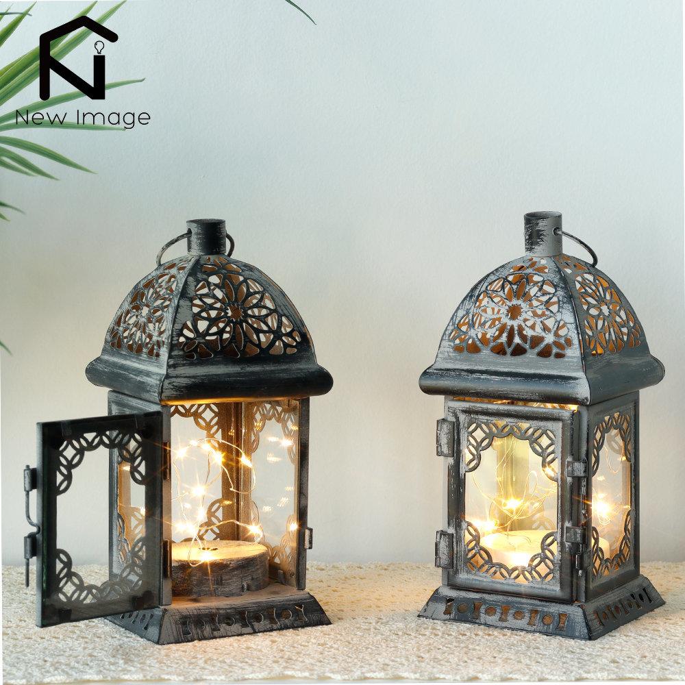 Vintage Candle Holder Lantern Retro Metal Lantern Hanging Battery Operated Table Lamp Light with LED Fairy Lights for Home Decor