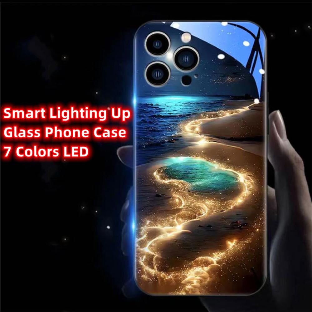 Luminous Phone Case Meteor Beach Luminous Glass LED Call Flash Phone Protective Case Suitable for IPhone