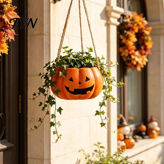 Durable Resin Planter Pumpkin Shaped Hanging Plant Pot, 4.3 Inch Lightweight Flower Adjustable Modern Aesthetic Room Accents Rope Mini Pots for Indoor