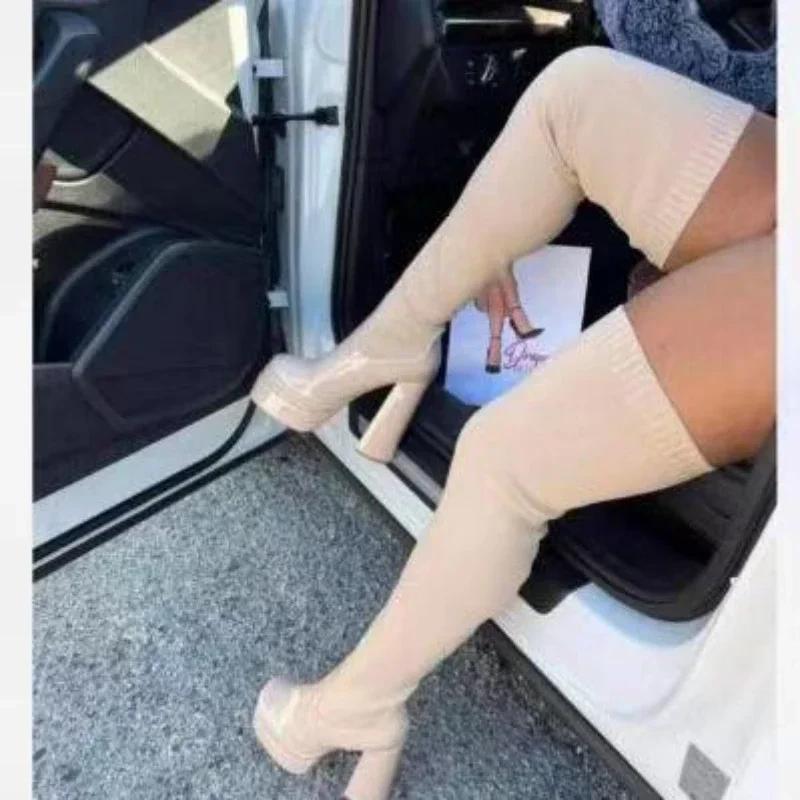 Fashion 2024 Autumn Elastic Over The Knee Sock Botas Women Big Size Chunky Heel Pumps Platform Fashion Boots for Women High Boots Goth