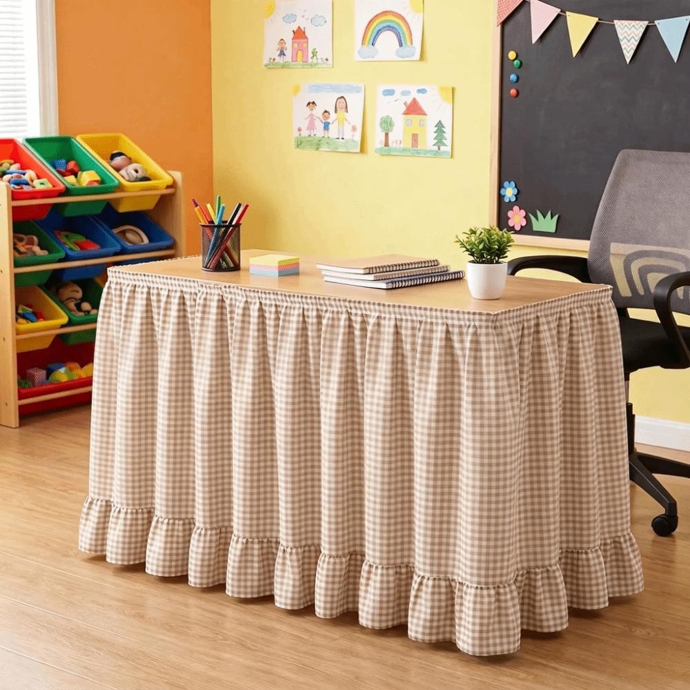 Hook and Loop Teacher Desk Skirt Ruffled Edge Table Wrap Rural Gingham Table Skirt Classroom