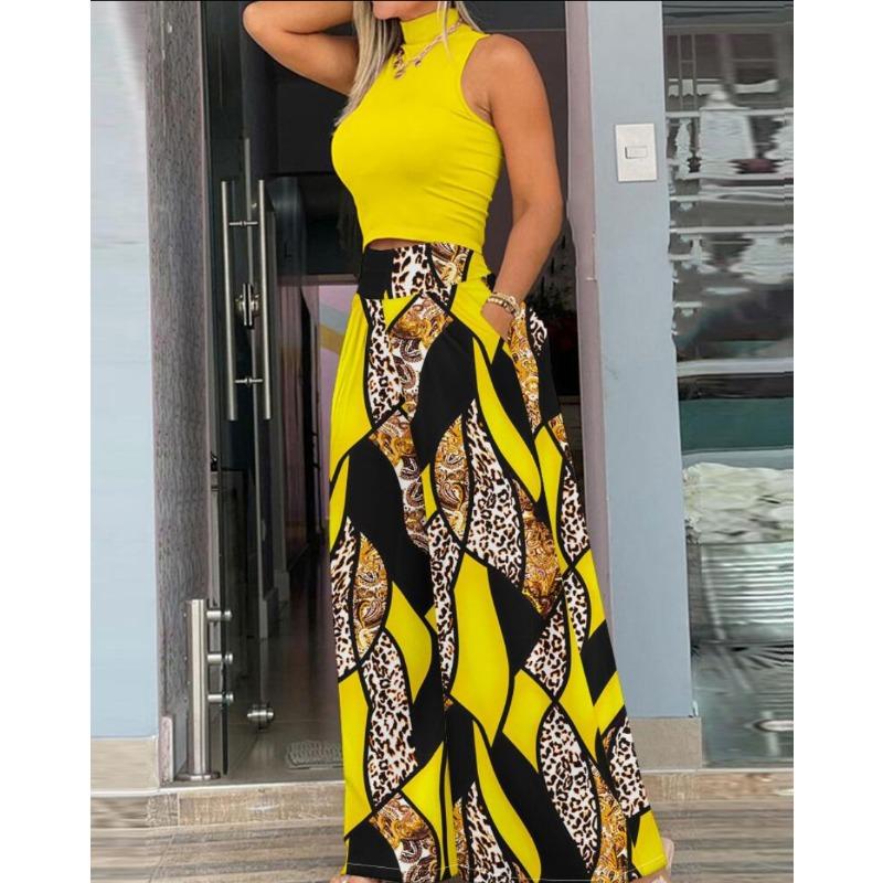 Летний женский укороченный топ без рукавов с воротником на шее + широкие брюки с принтом растений, комплект из двух предметов, уличная одежда, наряды