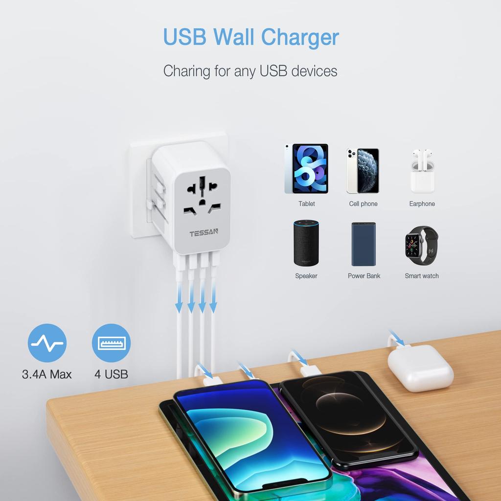 Tessan Универсальный дорожный адаптер. Дорожная розетка-адаптер по всему миру с 3 USB и 1 USB C для Великобритании/ЕС/Австралии/США.