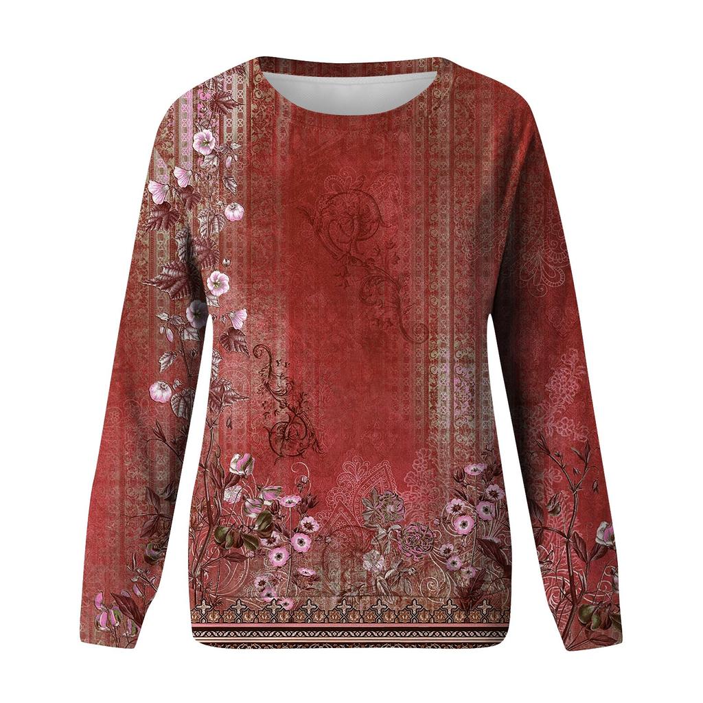 Women's Round Neck Tops Cotton Women's Casual Fashion Print Long Sleeve O-Neck Pullover Top Blouse