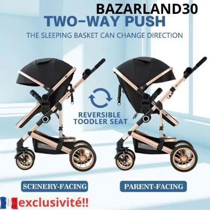 Poussette 3 en 1 Bébé Combinée Siège-Auto Nacelle Réversible Réglable Haute Qualité Roues increvables Canne noir et or