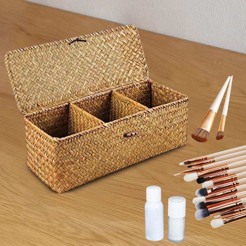 Rectangular 3 Grid Handwoven Storage Basket Dustproof Rattan Divider Storage Box  Wardrobe