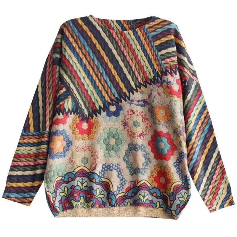 Весна Осень Зима Ретро Литературный и Художественный Красочный Печатный Круглый Свитер Женский Корейский Вариант Толстого Свободного Свитера в Западном Стиле
