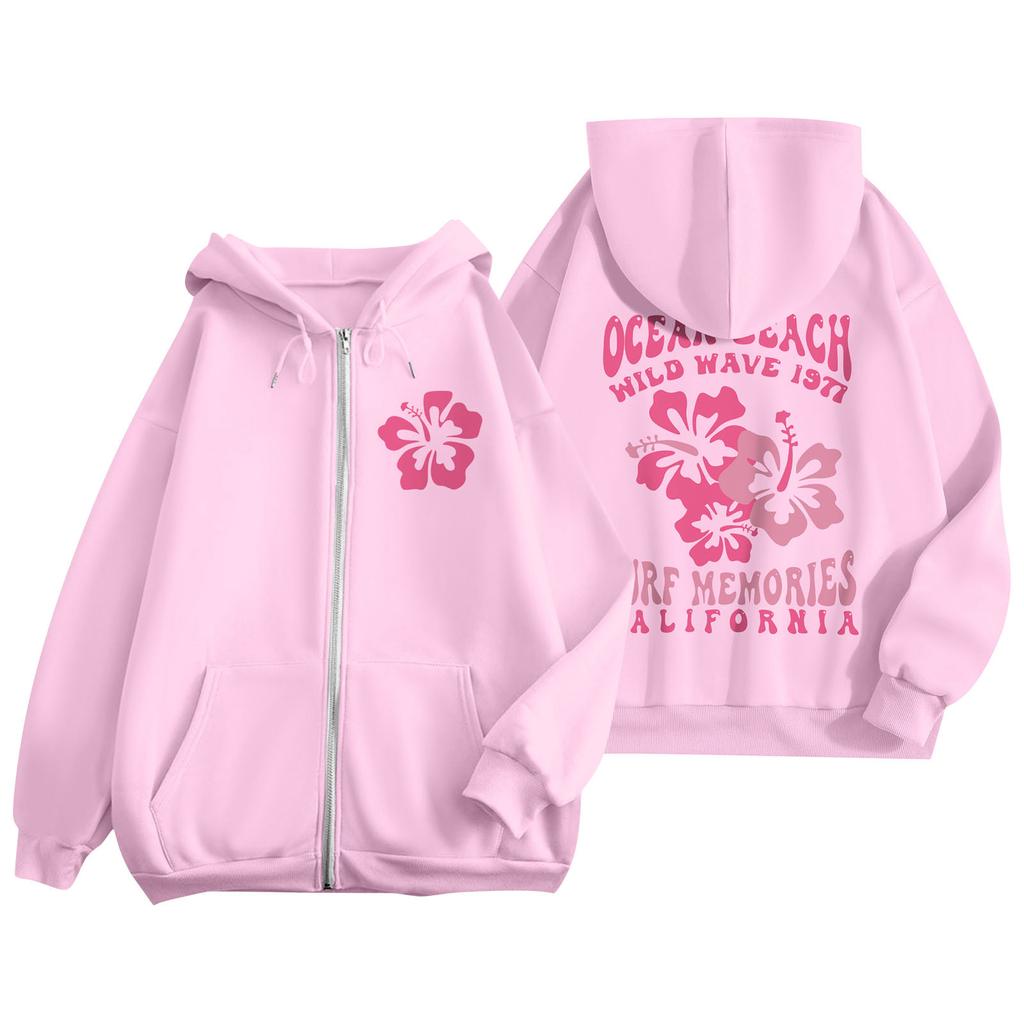 Women's Zip Up Hoodies Teen Girls  Flowers Printed Sweatshirt Clothing Casual Drawstring Jacket With Pockets