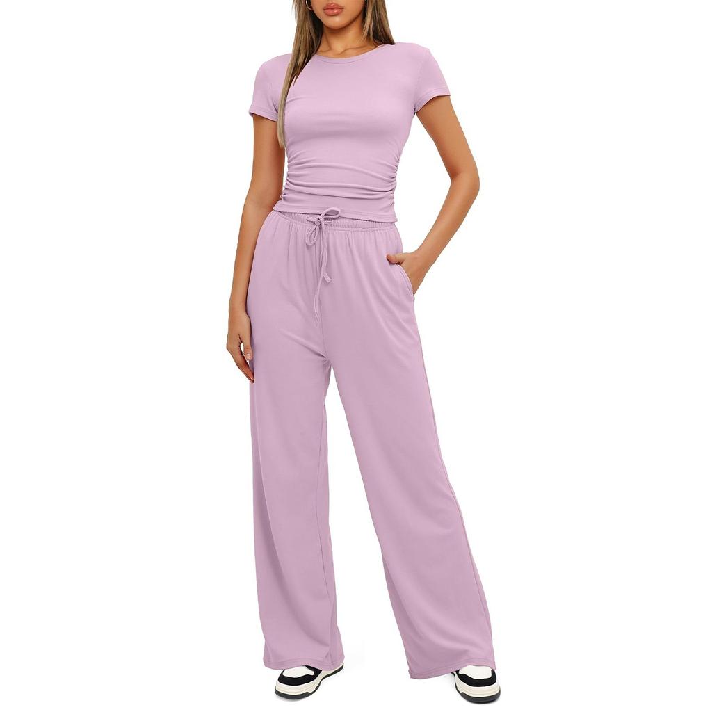 Women 2 Piece Outfits Sets Summer Short Sleeve Ruched Tops And Wide Leg Pants Tracksuit Matching Outfits