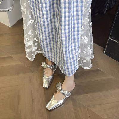 Мягкая кожа удобная~ нишевый дизайн чувство большой бант с полушлепками женский толстый каблук пляжный отпуск