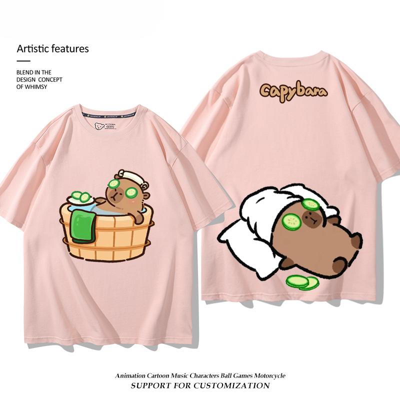 Capibala Capybara Junri MOE Cartoon Short Sleeve T-shirt Male and Female Couples 100% Cotton Loose Clothes Children's Summer
